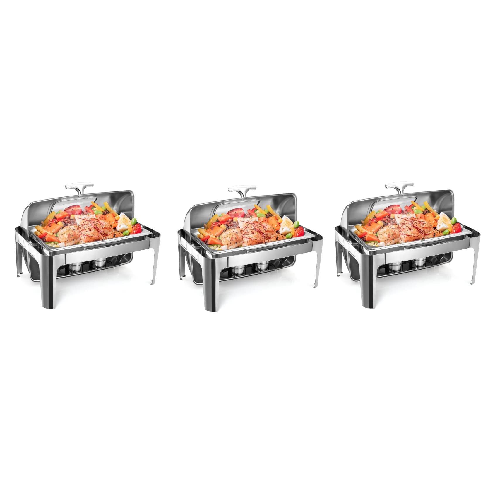 Roll Top Chafing Dish Buffet Set, 9 Quart 1/2 Size Pan Chafer, Rectangle Stainless Steel Set, for Wedding, Parties, Banquet, Catering Event, 3 Pack