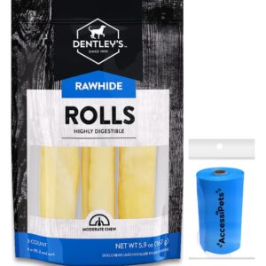 AccessiPets Dog Chews Bundles for Medium and Large Dogs, 6 inch Highly Digestible Rawhide Rolls Bundle with 1 Dog Waste Roll (Natural Beefhide, 3 Count)