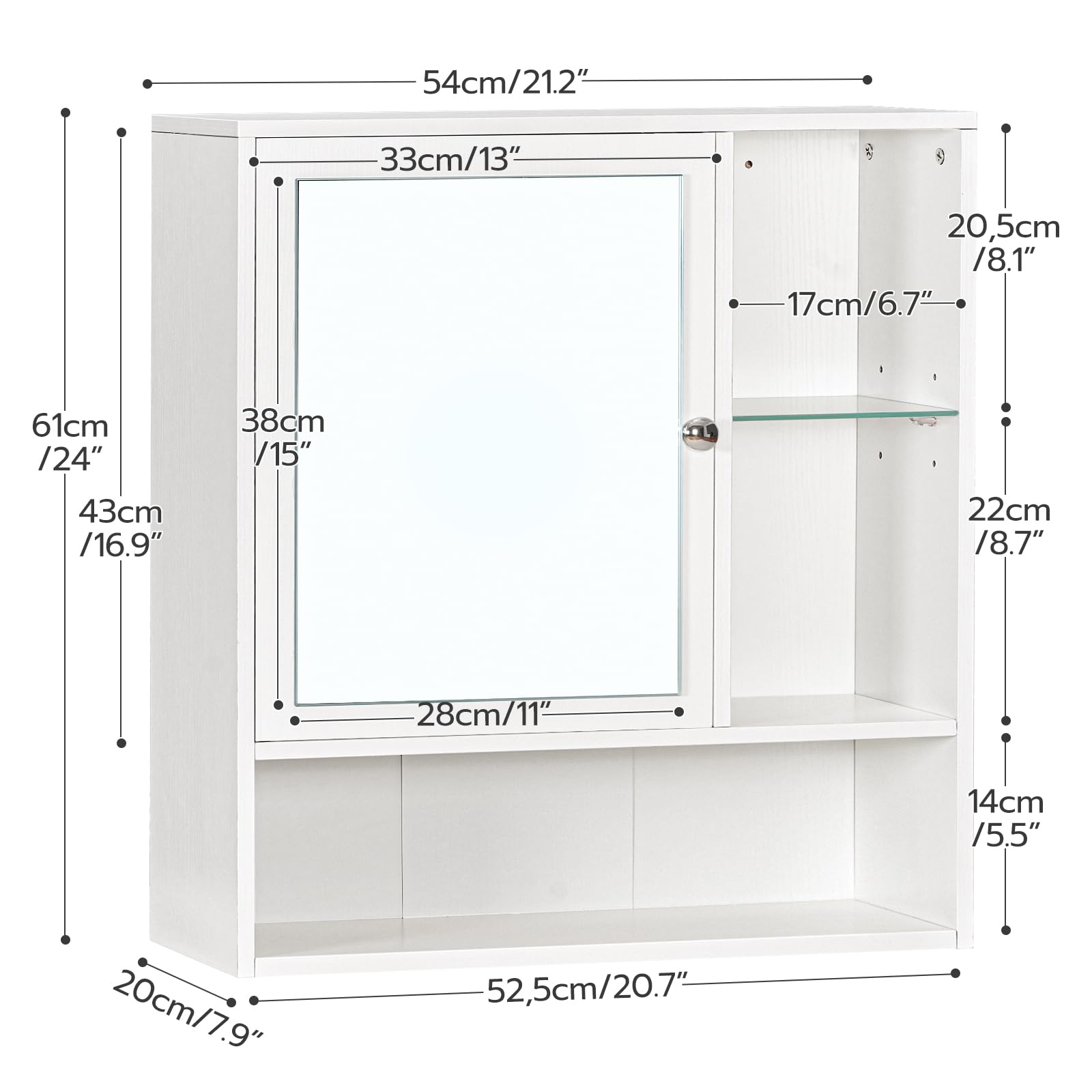 HOOBRO Medicine Cabinet with Mirror, Bathroom Wall Mounted Cabinet with Hidden Space and 2 Adjustable Shelves, Single Mirrored Door, for Bathroom, Bedroom, Living Room, Kitchen, White WT55CW01