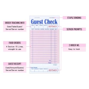 DGBDPACK Server Guest Checkbook, 5 Pack EP-3632-1 Server Note Book, Thick Server Paper with Guest Receipts, Waitress Notepads - 250 Orders Total (Pink, 6.75" x 3.5")