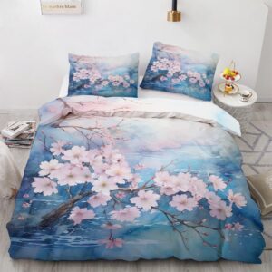 omersa cherry blossom duvet cover queen size set, japanese asian bedding bedroom decor, comforter cover & 2 pillowcases 3 pieces, home collection quilt cover