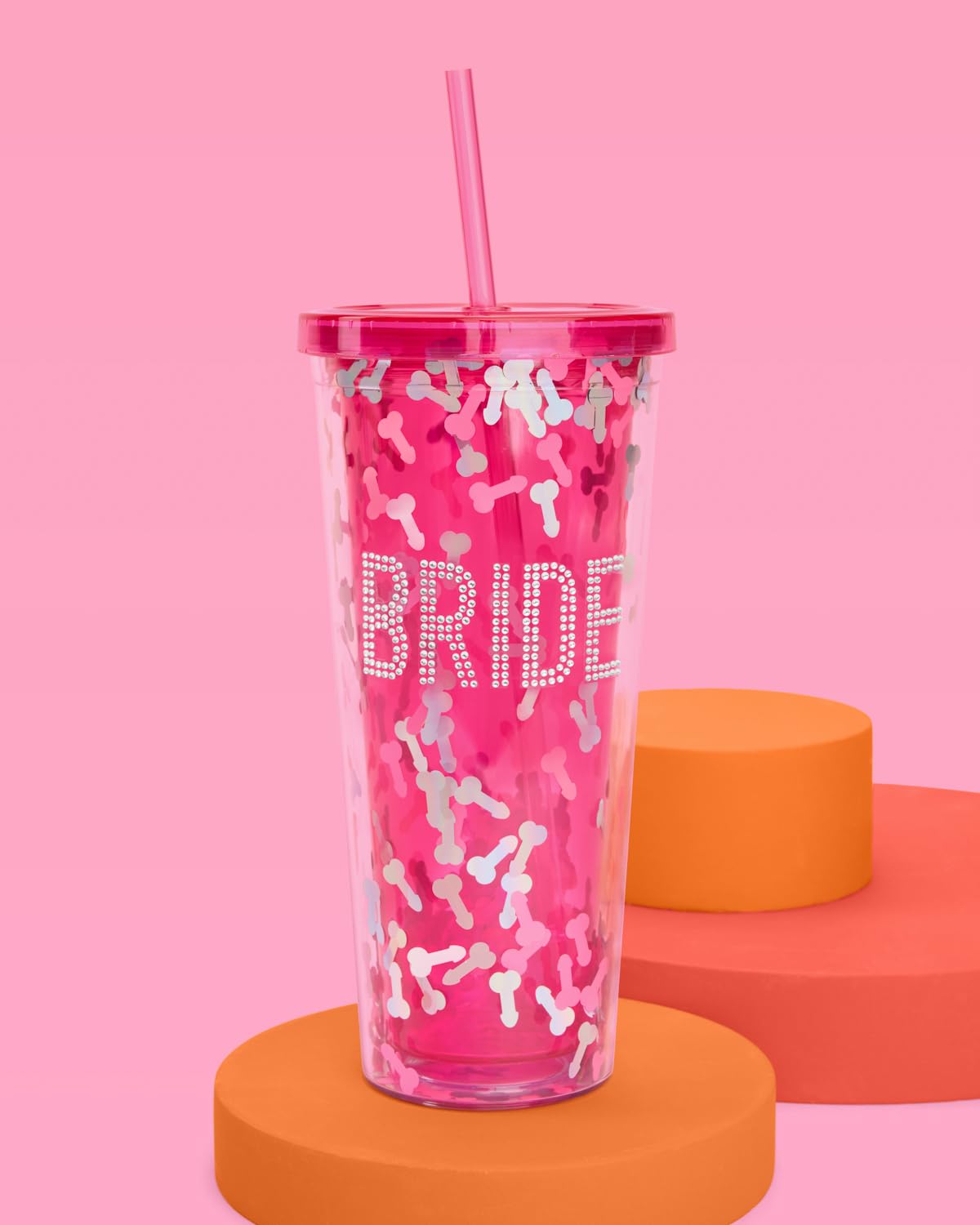 xo, Fetti Pink Confetti Bride Rhinestone Plastic Tumbler - 24 oz | Bachelorette Party, Bride to Be Gift, Bridal Shower Supplies, Engagement