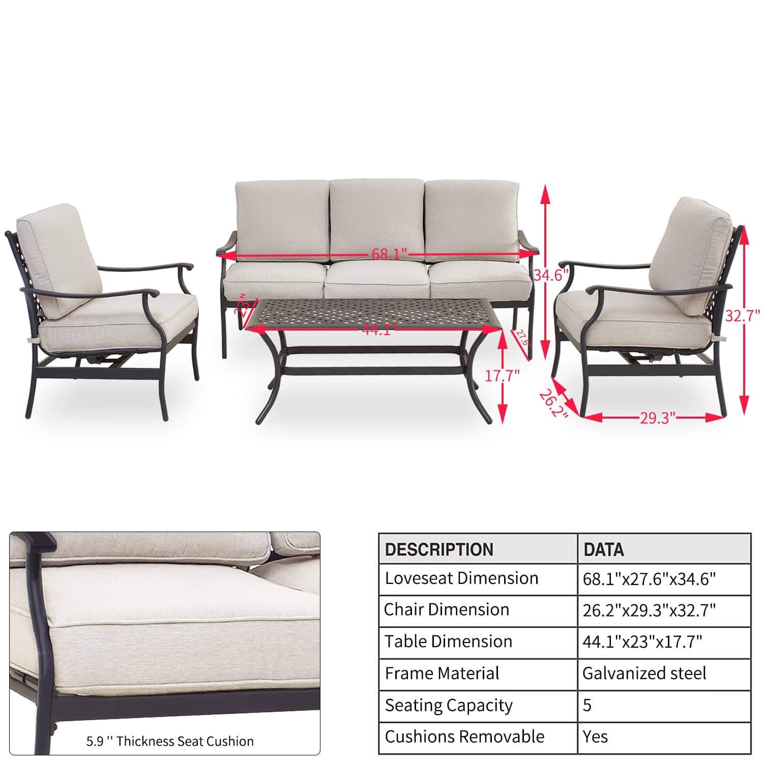 PatioFestival Patio Conversation Set 4Pcs Cushioned Outdoor Furniture Sets with All Weather Galvanized Steel Frame (Beige)