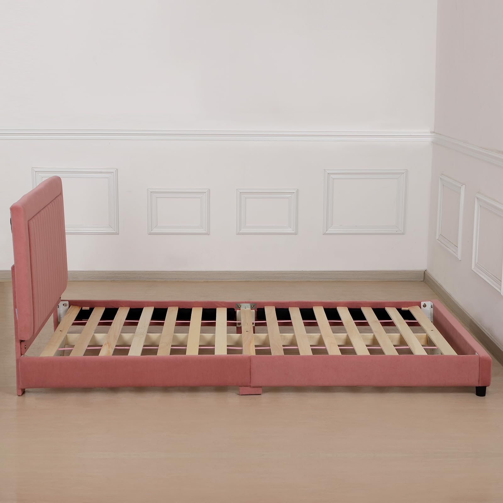 Twin Frame Bed for Kids, Adjustable Height Headboard Children's Bed, Wooden Slat Base Toddler Twin Bed,Children's Bedroom Furniture for Boys and Girls, Fits Standard Twin Mattress(75"Wx39"D) (Pink)