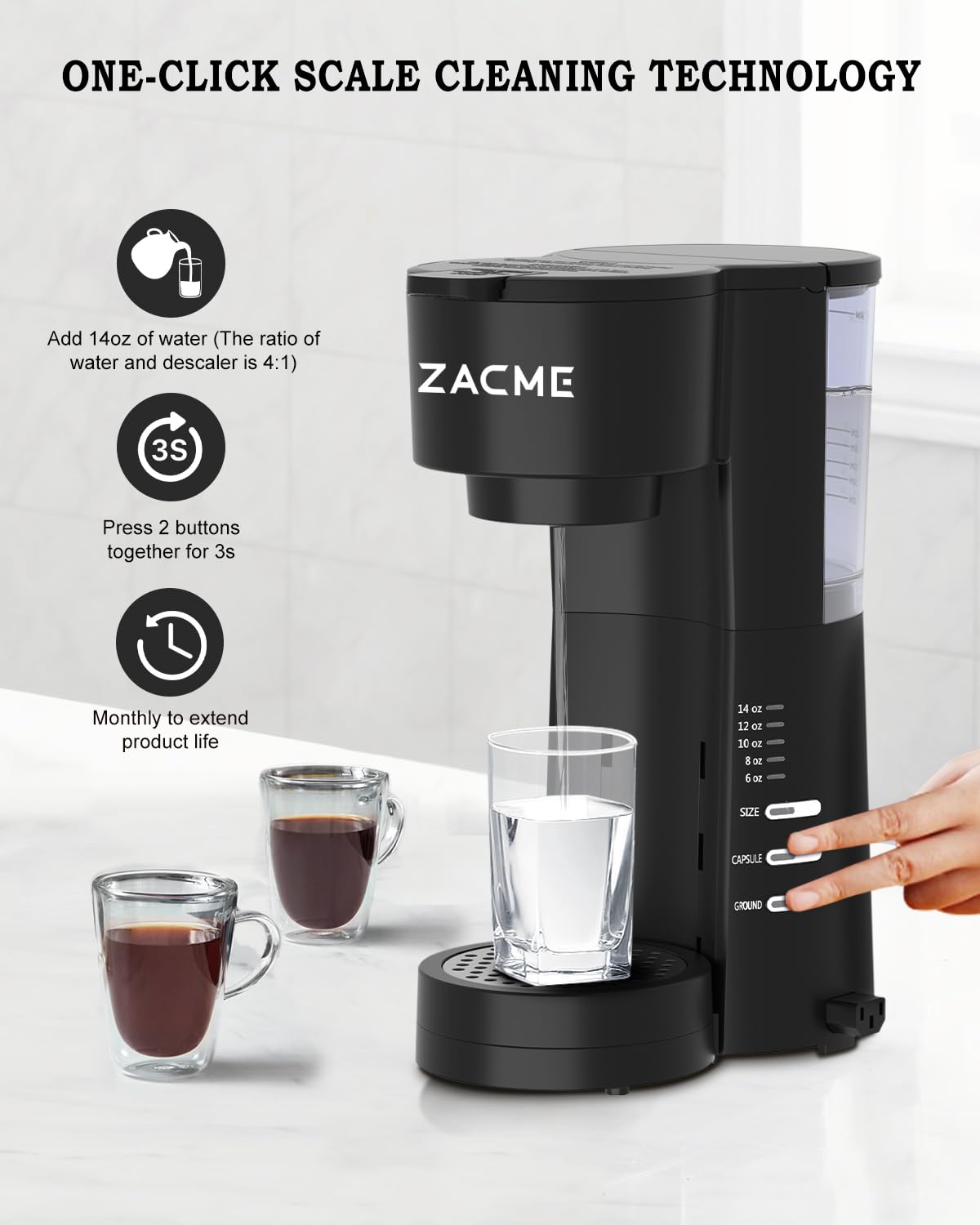 ZACME 4IN1 Single Serve Coffee Maker for K Cup &Ground, Small Coffee Machine with Milk Frother & Grinder, 5 Brew Size, 28oz Water Tank, Adjustable Drip Tray