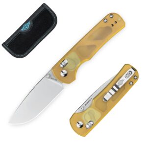 oknife rubato 4 pei folding knife, cpm-s35vn steel, 3.04" blade amber handle with deep pocket clip, drop point, rail lock, thumb stud