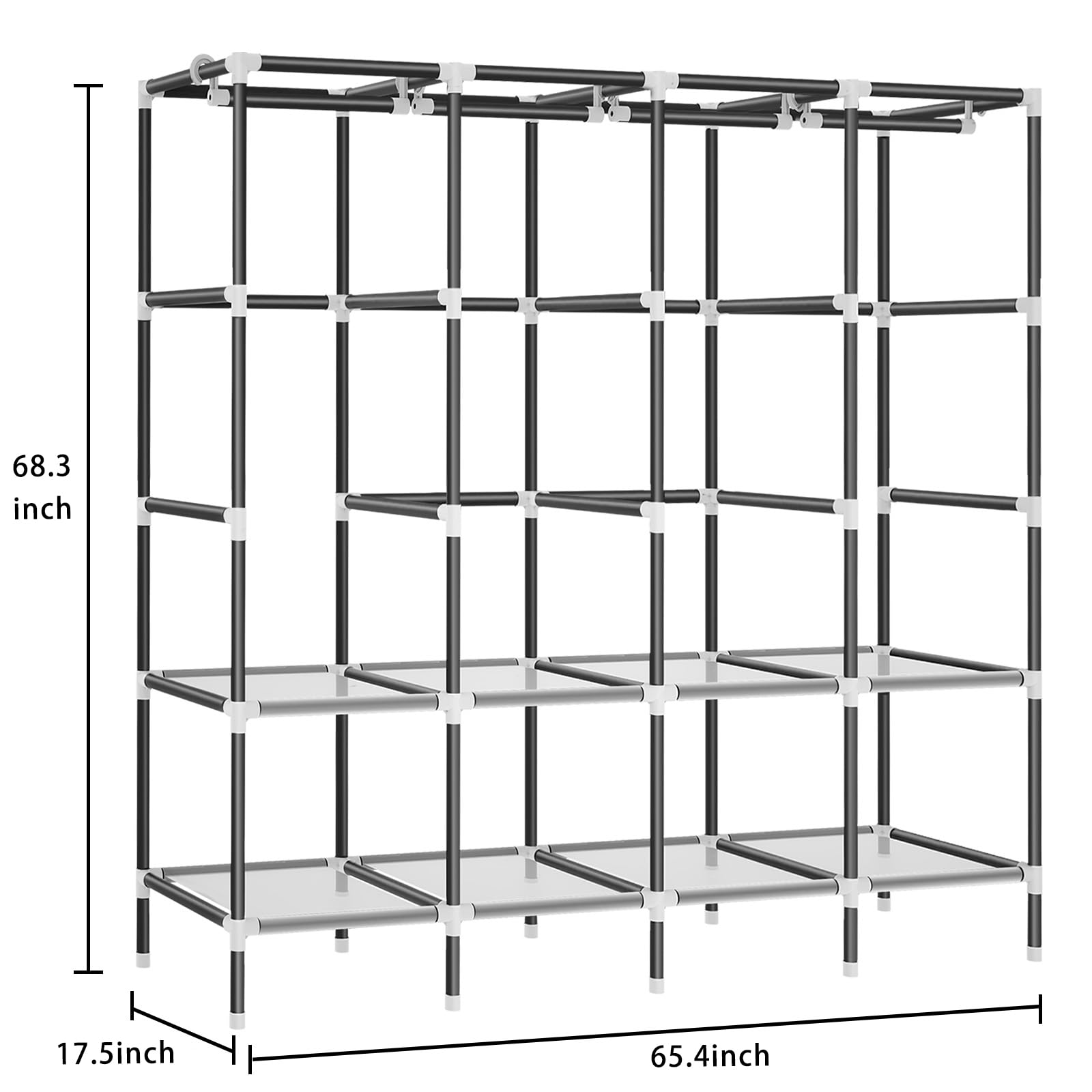 LOKEME Wardrobe Closet，Grey Portable Closet with Zippers， 65.4Inches 19mm Diameter，Portable Closets for Hanging Clothes，with 4 booms and Storage cabinets，Spacious Large -Capacity Storage Space