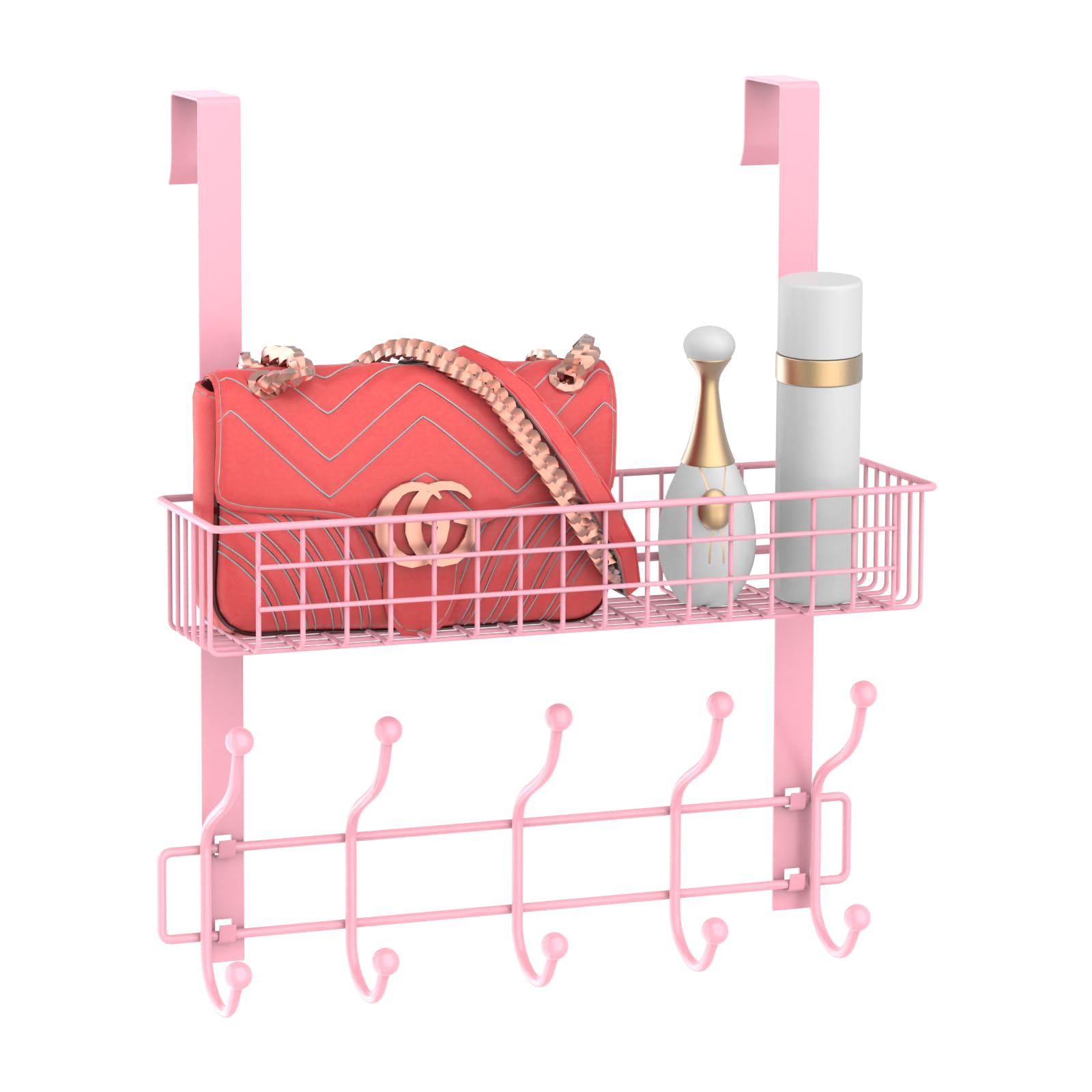 MILIJIA Over The Door Hooks with 5 Hooks & Mesh Baskets, Rustproof & Waterproof Coat Hanger, Detachable Storage Coat Rack for Towels, Hats, Handbags, Coats, Closet (Pink)