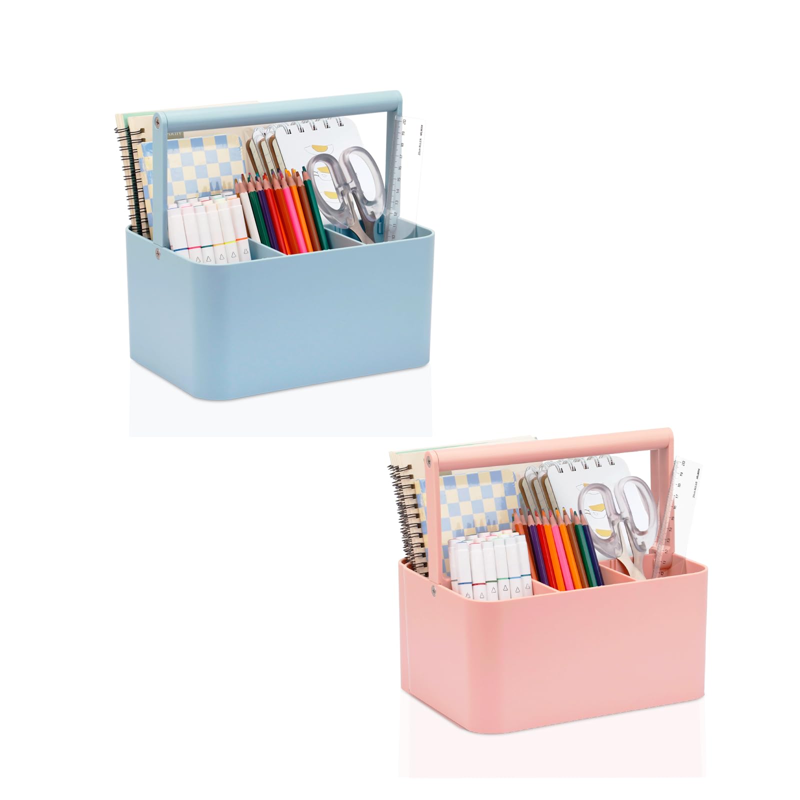 LAFARA Multipurpose Caddy Organizer, Portable Art Caddy with Handle and Adjustable Divider, Plastic Craft Caddy （Pink+Blue）