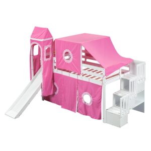 Harper & Bright Designs House Twin Loft Bed with Slide,Storage Stairs and Tent, Wood Kids Loft Bunk Bed with Tower and Ladders, Playhouse Twin Bed Frame for Kids, Teens, Boys & Girls (Twin, Pink)