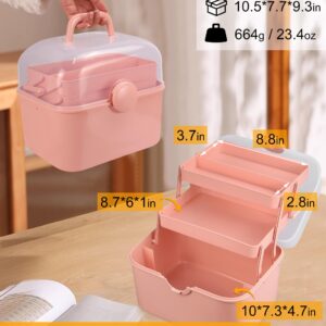 Qudqju Craft Box Organizer Pink Tackle Box Art Storage Box with Handle Sewing Box Organizer First Aid Box Girls Tackle Box Hair Accessories Organizer Travel Makeup Case 3-Layer Crafting Box