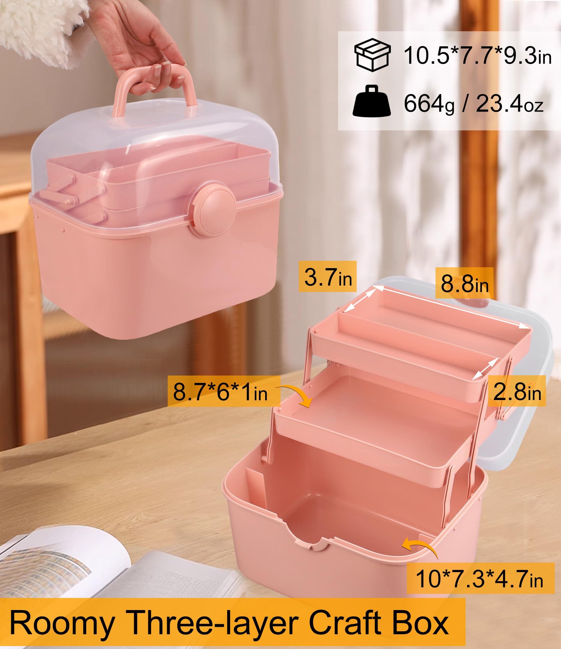 Qudqju Craft Box Organizer Pink Tackle Box Art Storage Box with Handle Sewing Box Organizer First Aid Box Girls Tackle Box Hair Accessories Organizer Travel Makeup Case 3-Layer Crafting Box