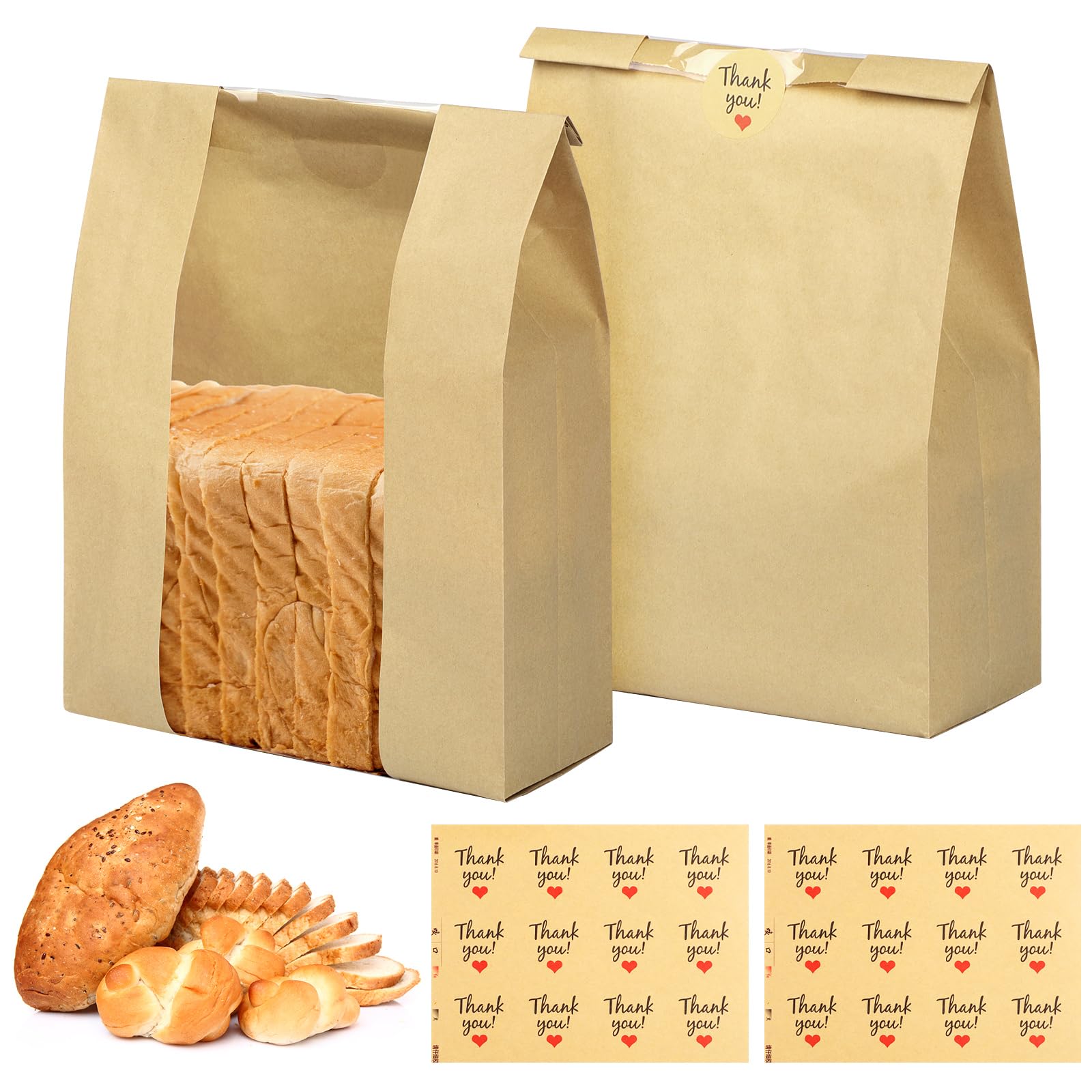 Paper Bread Bags for Homemade Bread, 24 Pack Sourdough Bread Bags with Thank You Seal Stickers, Large Bread Loaf Bags with Clear Window for Baked Food Packaging Storage(13.7x8.2x3.5 inch)