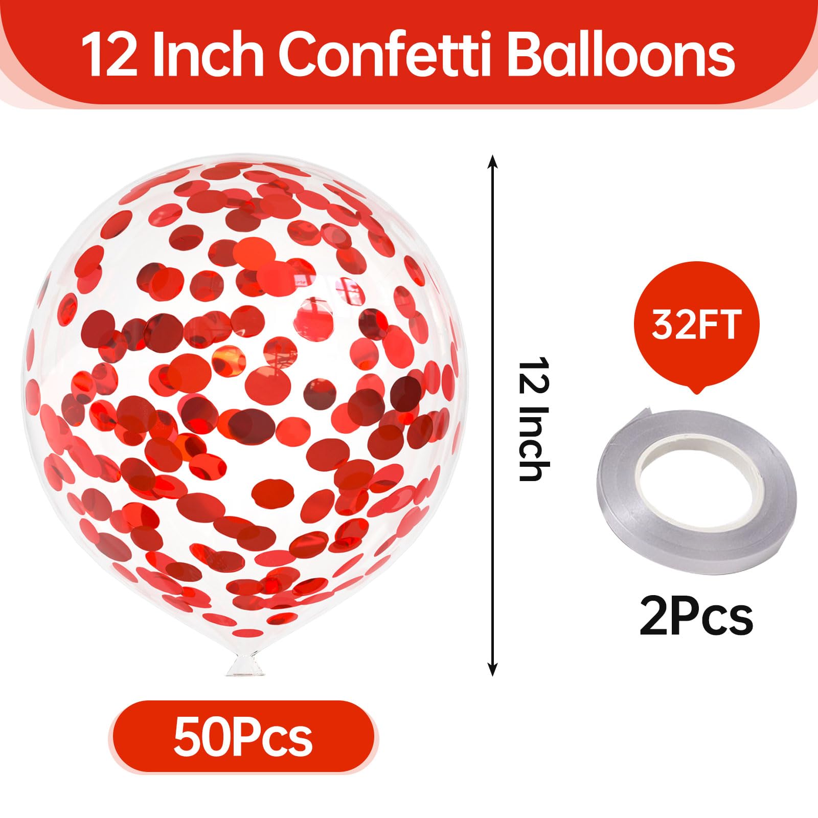 50pcs Red Foil Confetti Balloons,12 inch Latex Balloon with Red Confetti Inside for Birthday Family Party Wedding Party Baby Shower Decoration Supplies