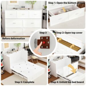 FAMAPY Full Size Murphy Bed with Charging Station & Drawer, Mobile Cabinet Bed Murphy Chest Bed, Space-Saving Folding Murphy Bed for Bedroom Guest Room White (76.4”W x 56.3”D x 40.9”H)