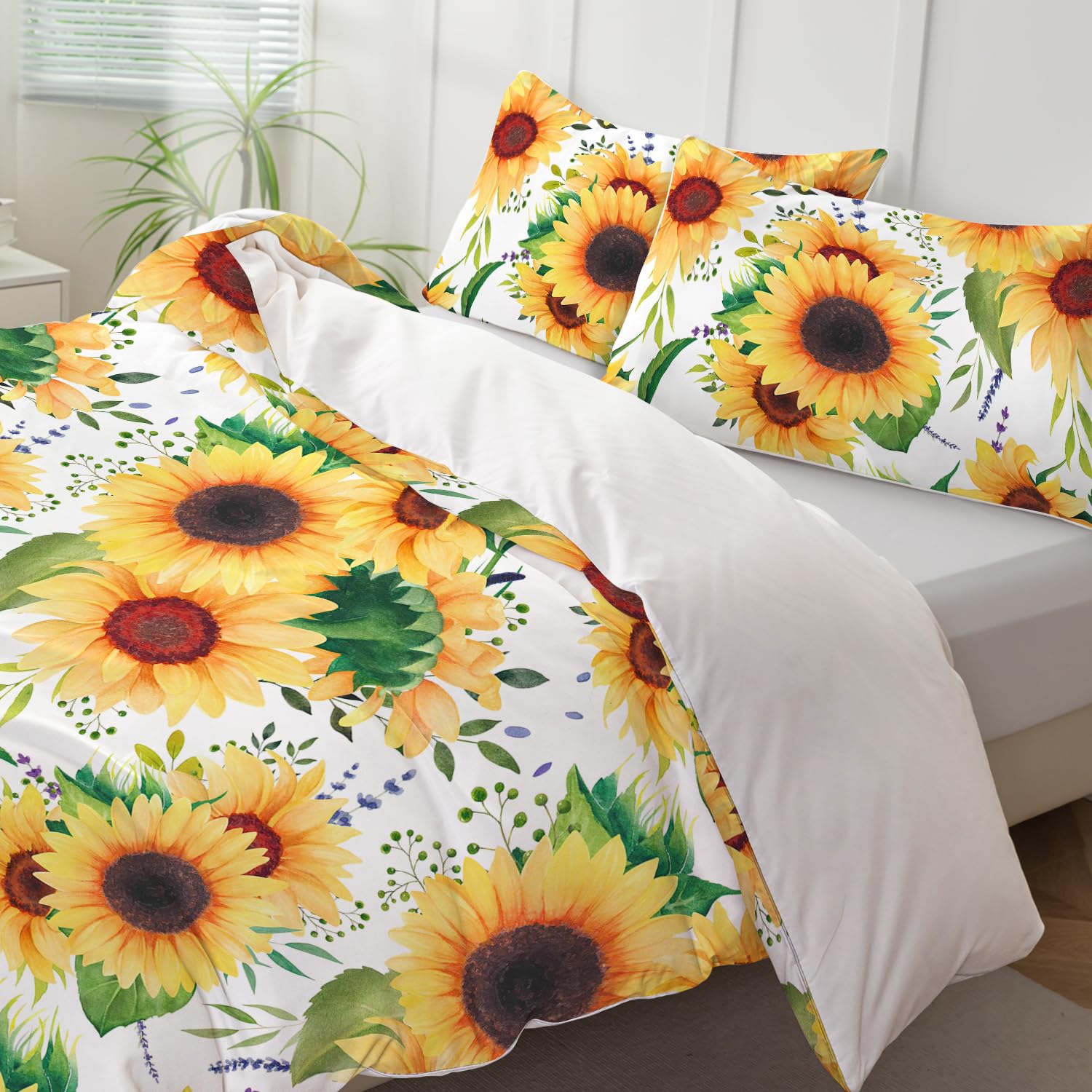 Dropshipful Sunflower Floral Duvet Cover Full Size, Soft White Sunflower Bed Set Gifts for Women, Nature Botanical Garden Sunflower Bedding 3 Pieces, 1 Duvet Cover and 2 Pillow Shams