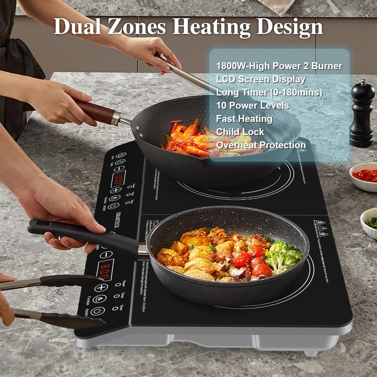 Double Induction Cooktop,1500W/1800W Portable Electric Stove,2 Large 8” Heating Coils,Independent Control,8/10 Temperature & Power Levels,3-hour Timer, Safety Lock