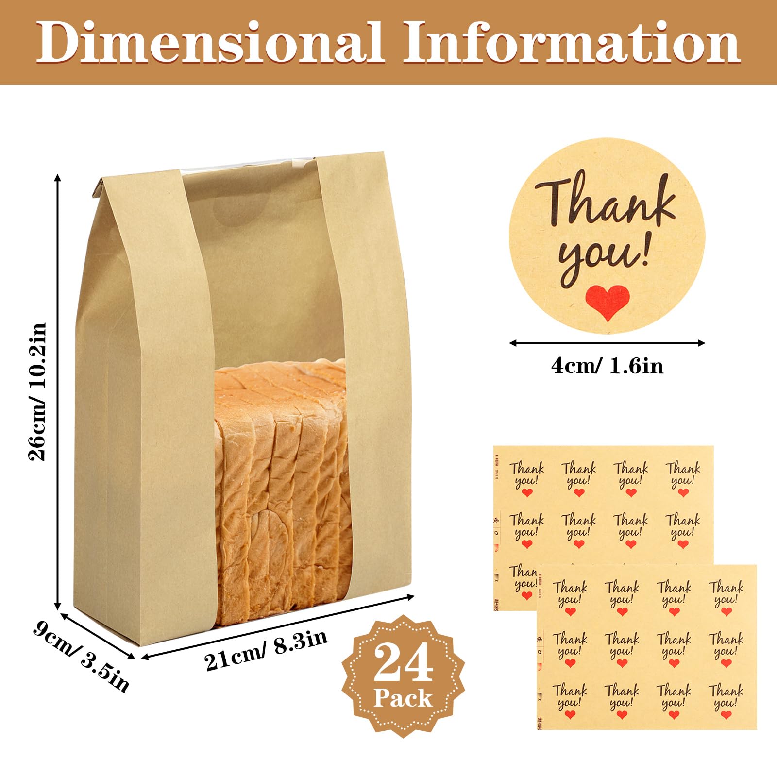 Paper Bread Bags for Homemade Bread, 24 Pack Sourdough Bread Bags with Thank You Seal Stickers, Large Bread Loaf Bags with Clear Window for Baked Food Packaging Storage(13.7x8.2x3.5 inch)