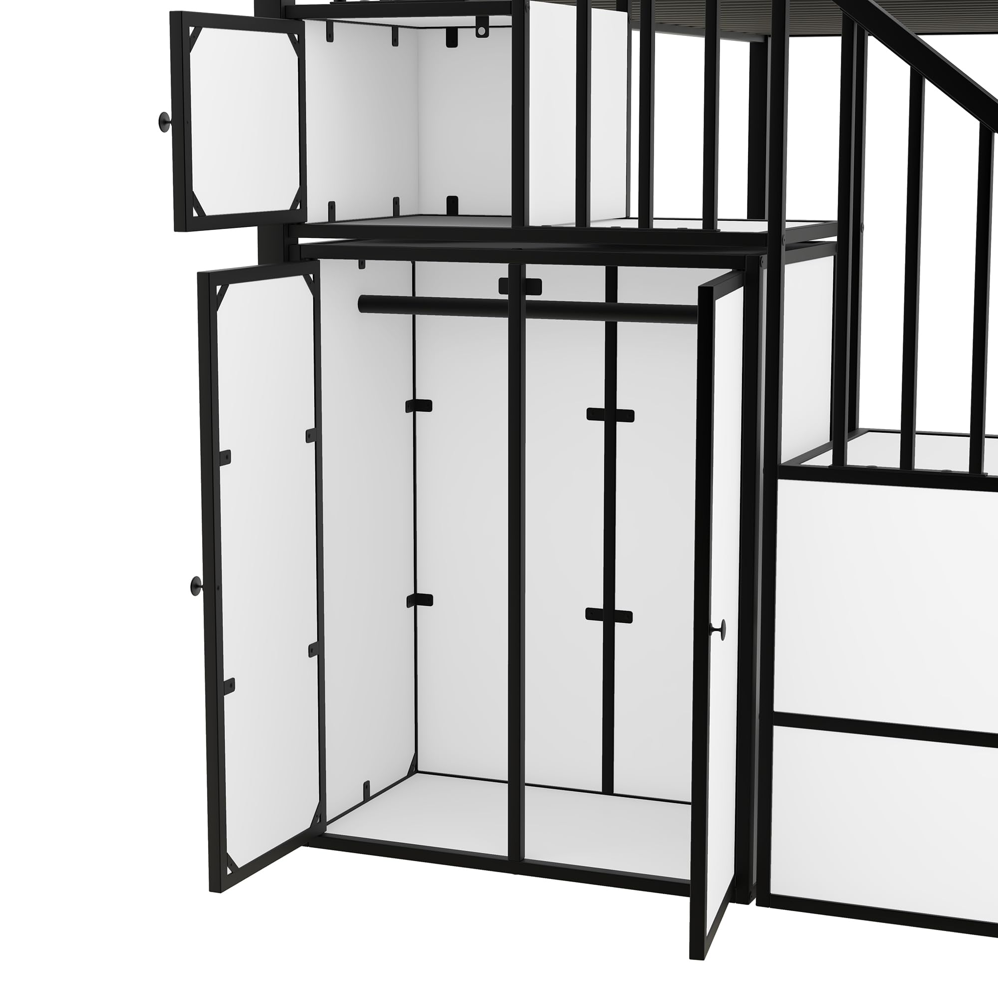 YOPTO Twin Castle-Shaped Wardrobe and Multiple, Metal Bunk Bed with Storage Staircase and Safety Guardrail for Kids Boys Girls Bedroom, 63" H x 92.9" L x 53.2" W, White+Black