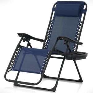 caphaus blue zero gravity chair, recliner, lounge chair, folding chair with side tray, metal, textilene fabric, 300lb weight capacity, indoor & outdoor use, unisex, blue