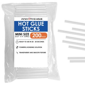 innovative haus mini hot glue sticks (200 pack) - perfect fit for mini glue guns, 4" x 0.27" - craft, bond, create on wood, metal, glass & more - transparent, strong & quick-drying