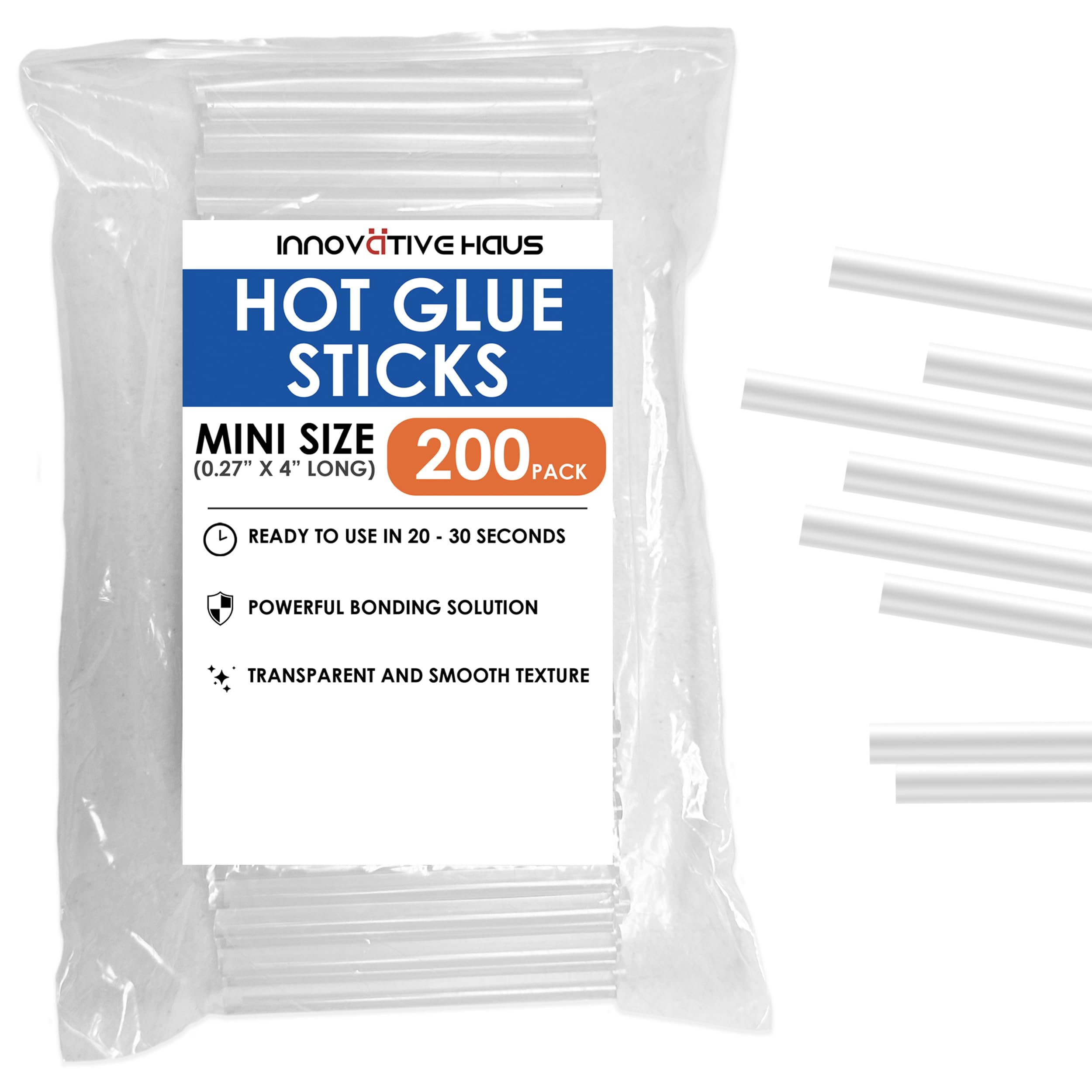 Innovative Haus Mini Hot Glue Sticks (200 Pack) - Perfect Fit for Mini Glue Guns, 4" x 0.27" - Craft, Bond, Create on Wood, Metal, Glass & More - Transparent, Strong & Quick-Drying