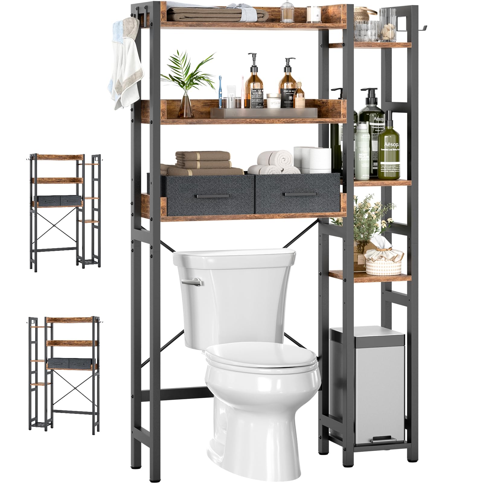 Over The Toilet Storage with 2 Drawers - 7 Tier Bathroom Organizer with Adjustable Shelf, Freestanding Space Saver Storage Rack Above Toilet Stand with 4 Hooks for, Restroom, Laundry, Rustic Brown