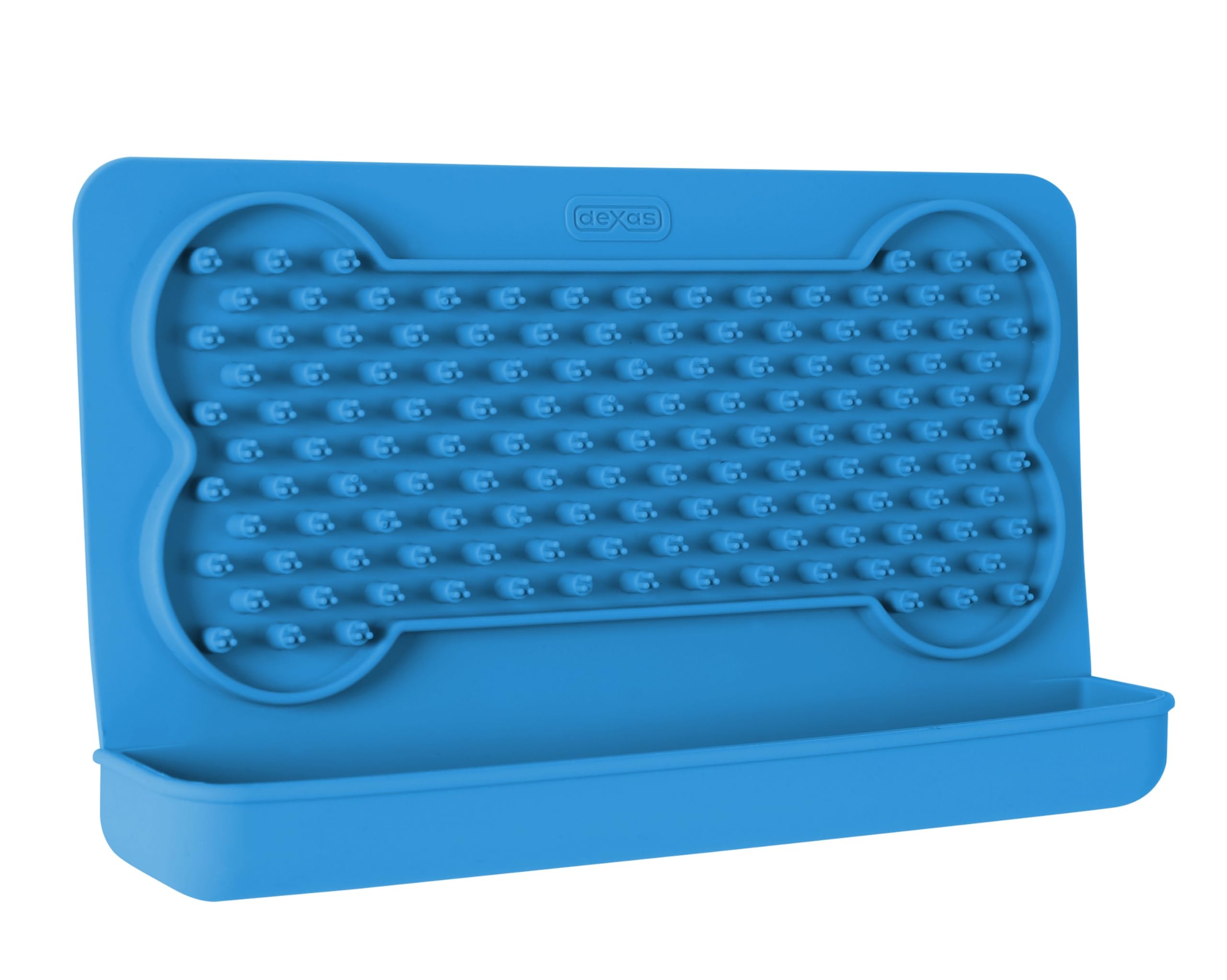 Dexas Snack & Distract Licking Mat with Catch Tray for Dogs and Cats-9.5"x 5.5", Pro Blue. Sticks to Most Slick or Smooth Surfaces. Eases Anxiety, Prevents Boredom, Entertains and Distracts.