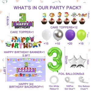 Crenics 3rd Birthday Decorations for Girls or Boys - 3rd Birthday Backdrop, Banner, Balloon Arch Kit, Number 3 Balloon with Cake Toppers for Toy Inspired Story Theme 3 Birthday Party Supplies