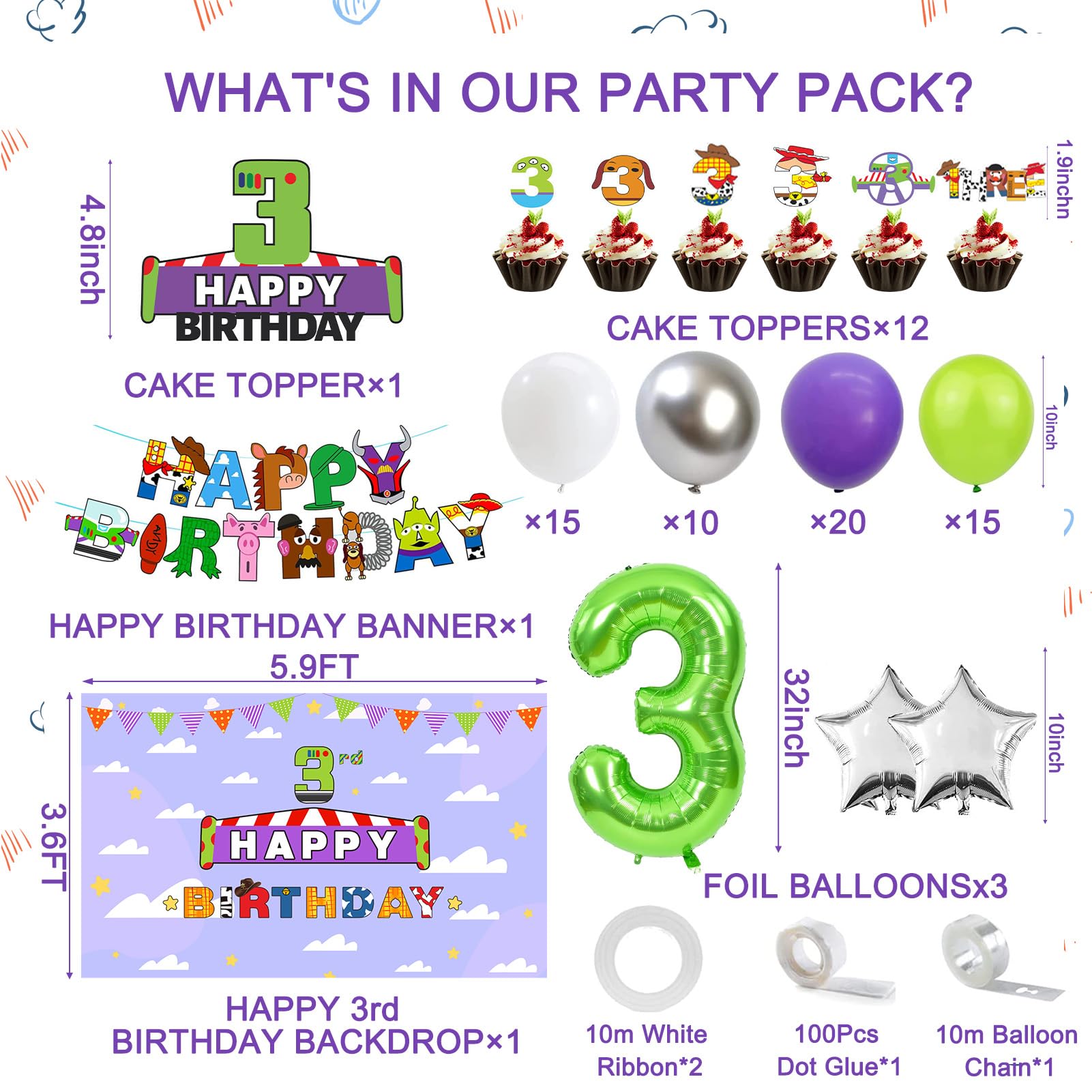 Crenics 3rd Birthday Decorations for Girls or Boys - 3rd Birthday Backdrop, Banner, Balloon Arch Kit, Number 3 Balloon with Cake Toppers for Toy Inspired Story Theme 3 Birthday Party Supplies