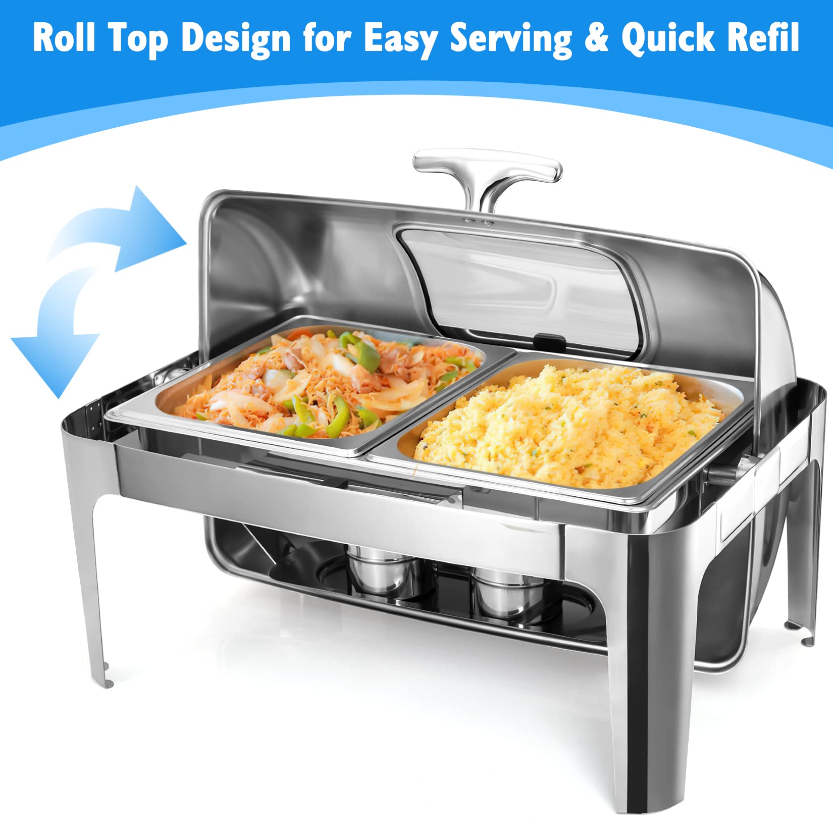 Roll Top Chafing Dish Buffet Set, 9 Quart 1/2 Size Pan Chafer, Rectangle Stainless Steel Set, for Wedding, Parties, Banquet, Catering Event, 3 Pack