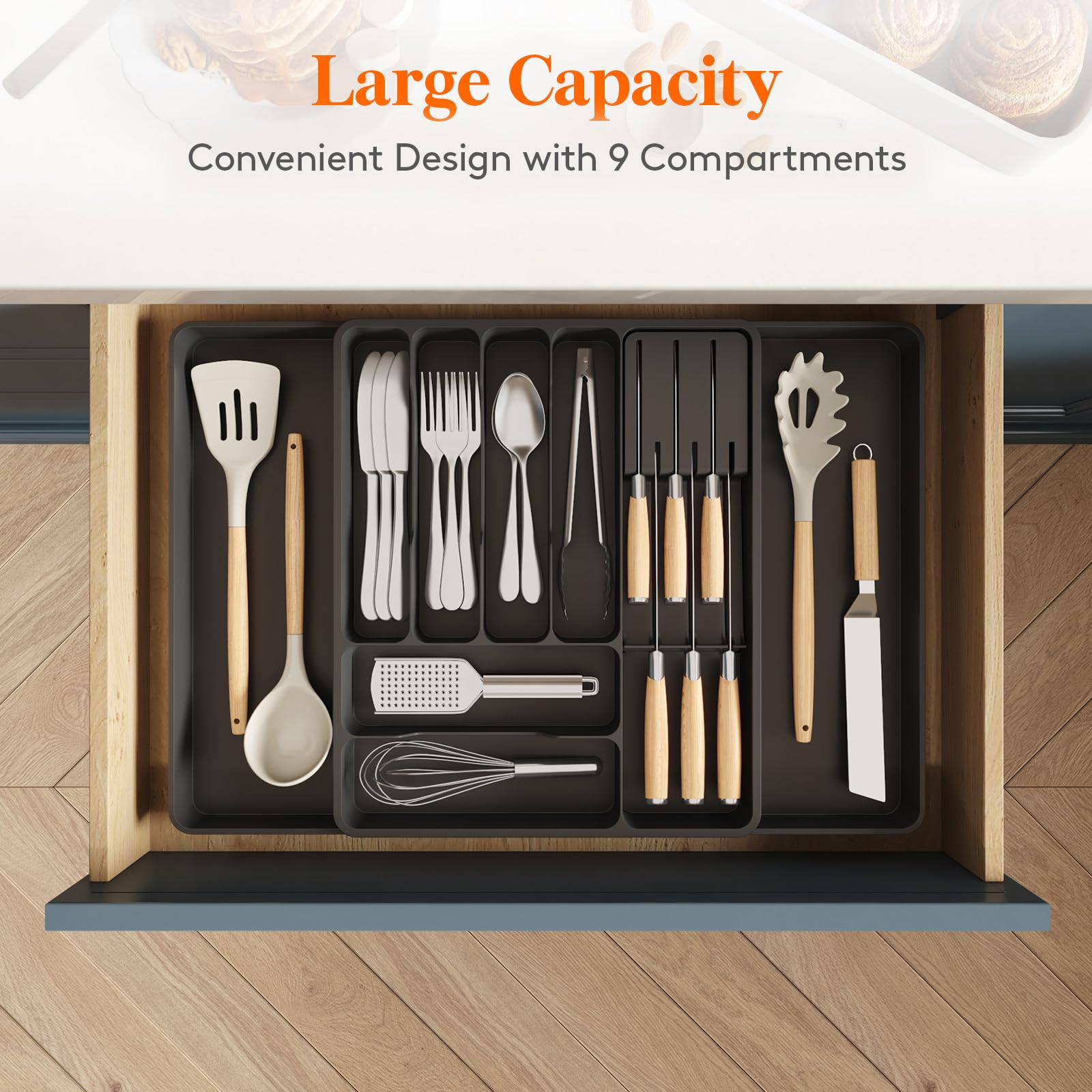 Lifewit Silverware Organizer for Kitchen Drawers, Expandable Utensil Tray with Removable Knife Block, Adjustable Cutlery and Flatware Holder, Plastic Spoon Forks Holder Storage Divider, Large, Black