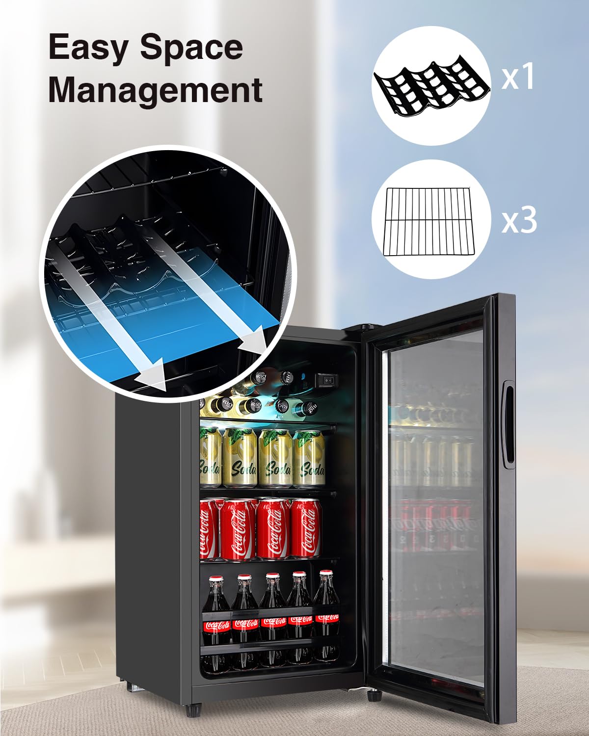 Iorbur FLB-60 Refrigerator Cooler-120 Can Freestanding Beverage Cooler with Glass Door-Small Drink Dispenser Machine for Office or Bar with Adjustable Removable Shelves, Black