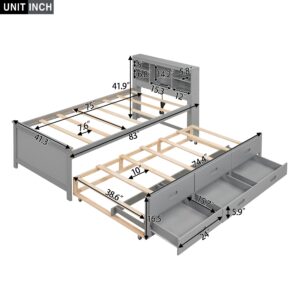 Twin Size Bed Frame Wooden Platform Bed with Storage Bookcase Headboard and Charging Station, Twin Storage Bed Frame with Trundle and 3 Drawers for Kids, Teens, Adults, No Box Spring Needed (Gray)