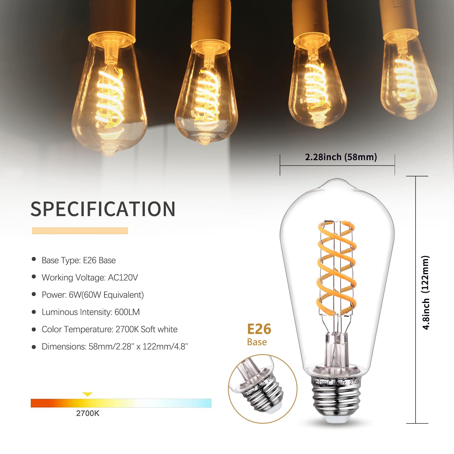 Austin Coast 12 PCS Dimmable Vintage LED Edison Bulbs, 6W Equivalent 60 Watt, Warm White 2700K, Antique Flexible Spiral LED Filament Light Bulb, ST58 (ST19), 600 Lumens, E26 Base, Clear Plastic