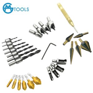 GMTOOLS 28Pcs Woodworking Chamfer Drilling Tools-Countersink Bit, Step Drill Bit Set, Wood Plug Cutter Drill Bit Set (2 Styles), 5-Flute Countersink Drill Bit, Positioning Punch and 1pc Hex Wrench