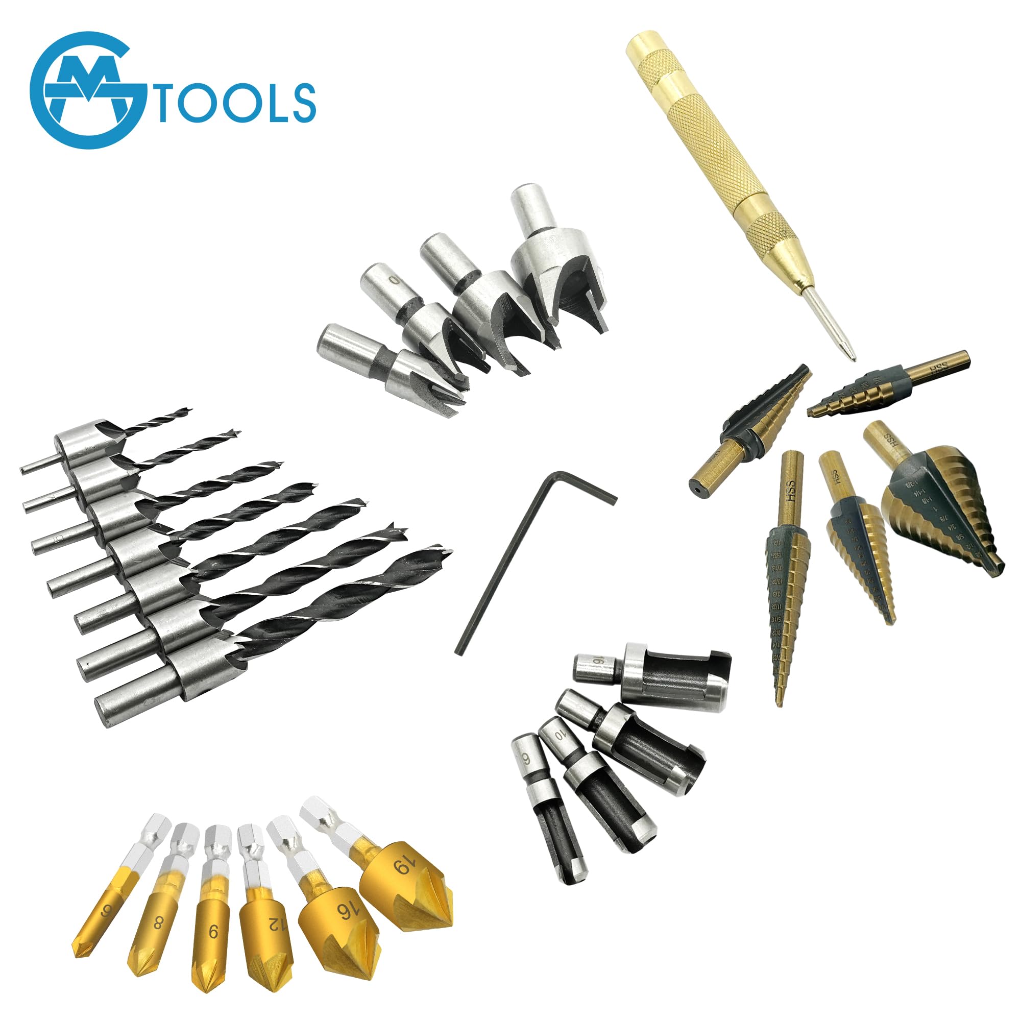 GMTOOLS 28Pcs Woodworking Chamfer Drilling Tools-Countersink Bit, Step Drill Bit Set, Wood Plug Cutter Drill Bit Set (2 Styles), 5-Flute Countersink Drill Bit, Positioning Punch and 1pc Hex Wrench