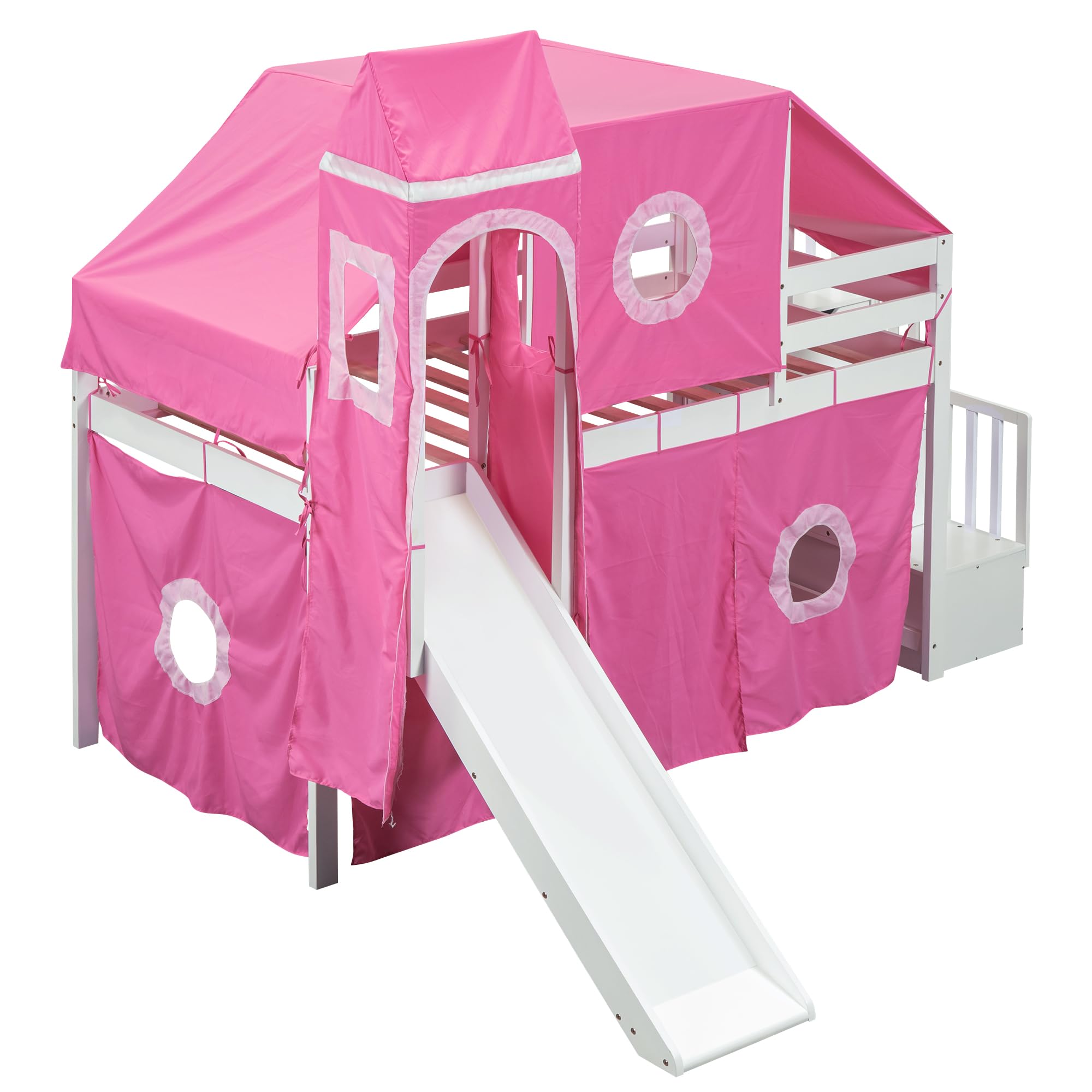 Harper & Bright Designs House Twin Loft Bed with Slide,Storage Stairs and Tent, Wood Kids Loft Bunk Bed with Tower and Ladders, Playhouse Twin Bed Frame for Kids, Teens, Boys & Girls (Twin, Pink)