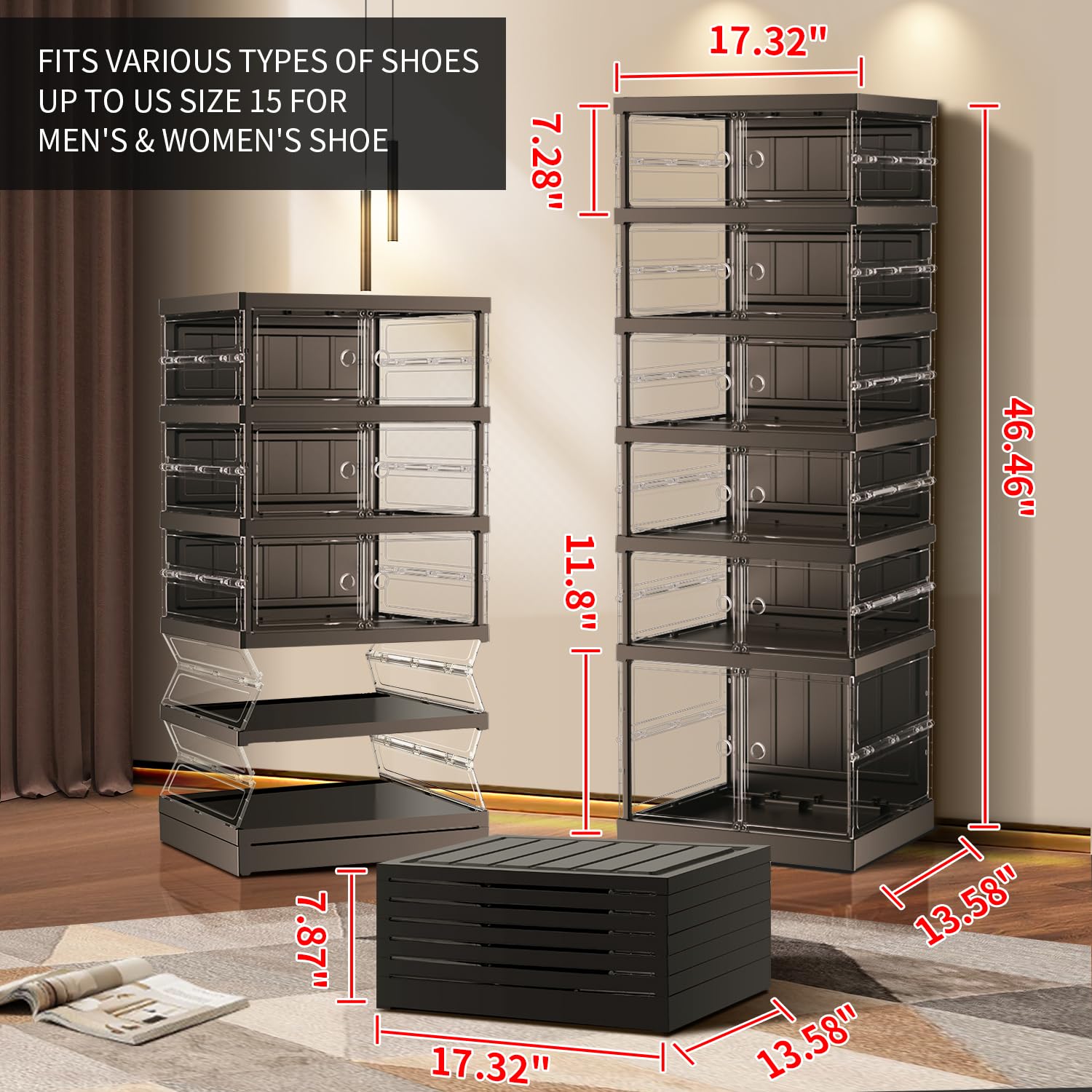 EHAMILY 6 Tiers 6-12 Pairs Foldable Shoe Boxes Large Plastic Shoe Storage Rack Collapsible Shoe Organizer for Closet Clear Stackable Shoes Shelf Storage Cabinet with Doors Quick Assembly Black