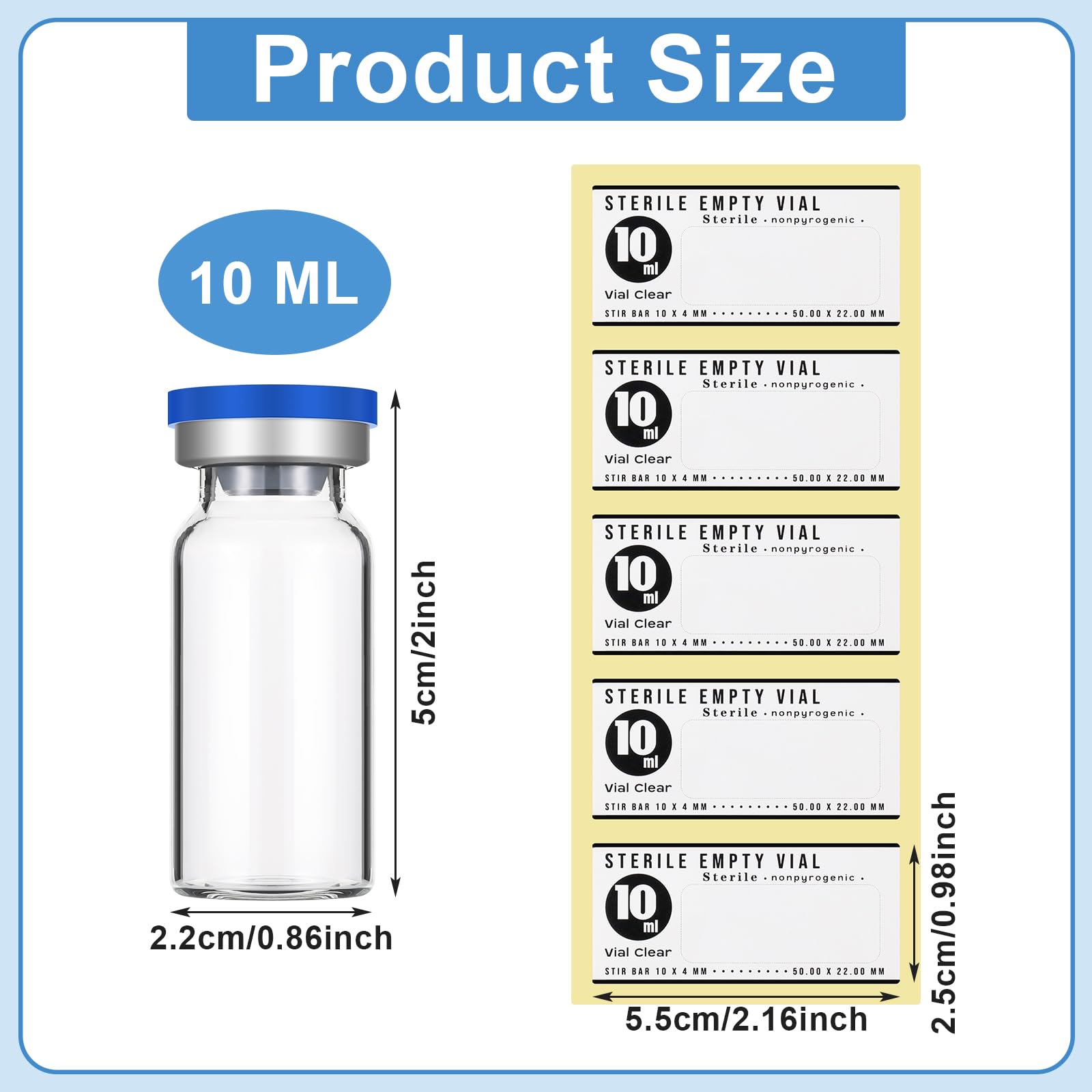 Threlaco 20 Pcs 10ml Sealed Sterile Empty Vials with Self Healing Injection Port Glass Penicillin Bottle with 20 Label Stickers