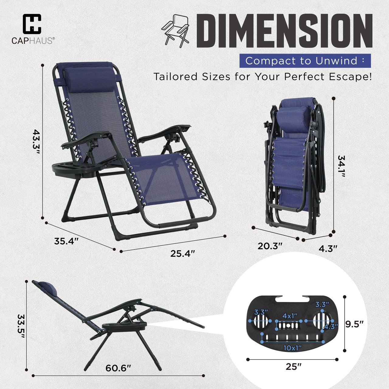 CAPHAUS Blue Zero Gravity Chair, Recliner, Lounge Chair, Folding Chair with Side Tray, Metal, Textilene Fabric, 300LB Weight Capacity, Indoor & Outdoor Use, Unisex, Blue