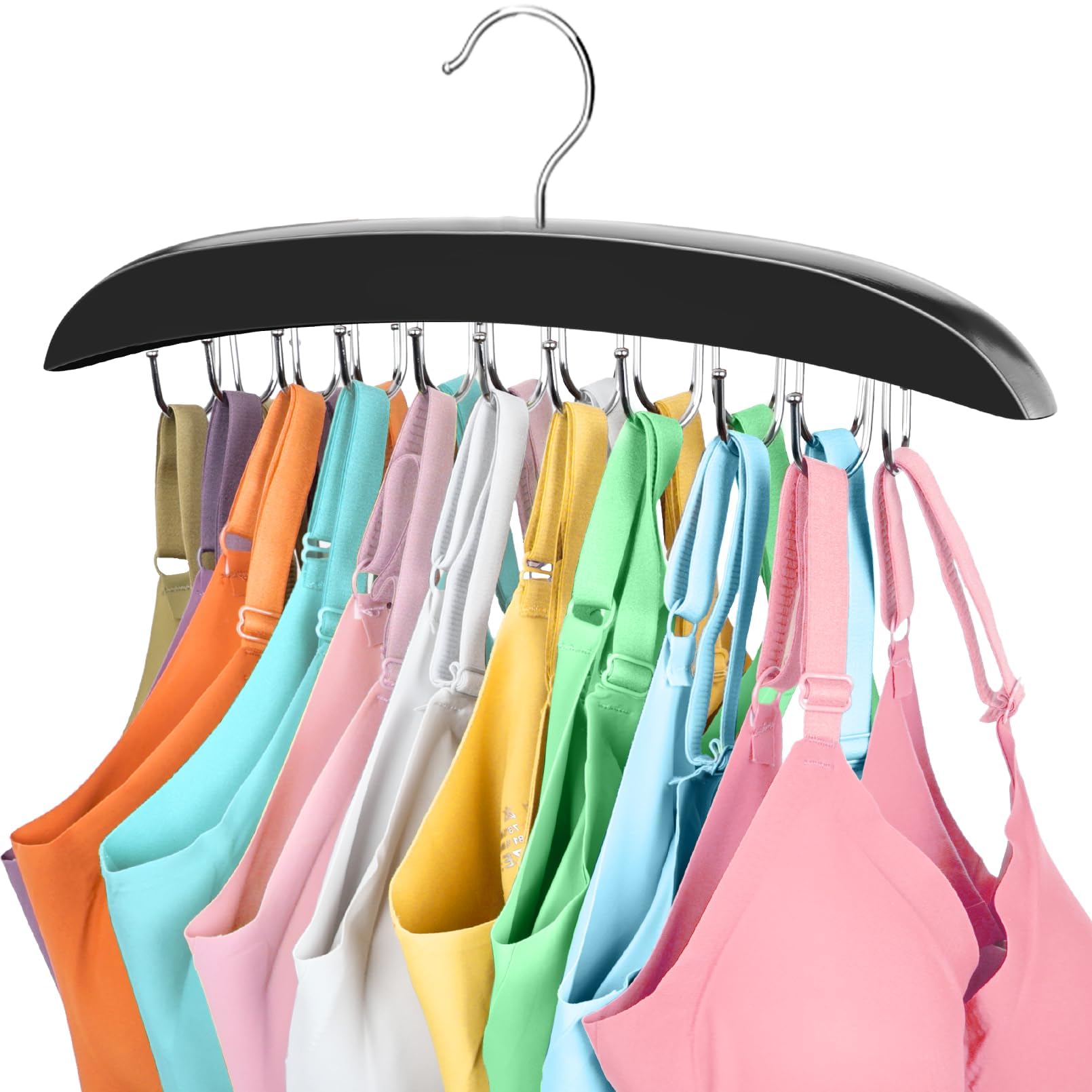 Bra Hanger for Closet, 360° Rotating Bra Organizer Space Saving w/20 Foldable Metal Hooks, Tank Top Hanger Closet Organizers and Storage for Camisoles/Tank Tops/Bras/Belts/Scarves Black