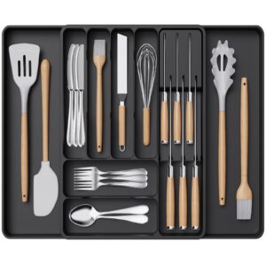 lifewit silverware organizer for kitchen drawers, expandable utensil tray with removable knife block, adjustable cutlery and flatware holder, plastic spoon forks holder storage divider, large, black