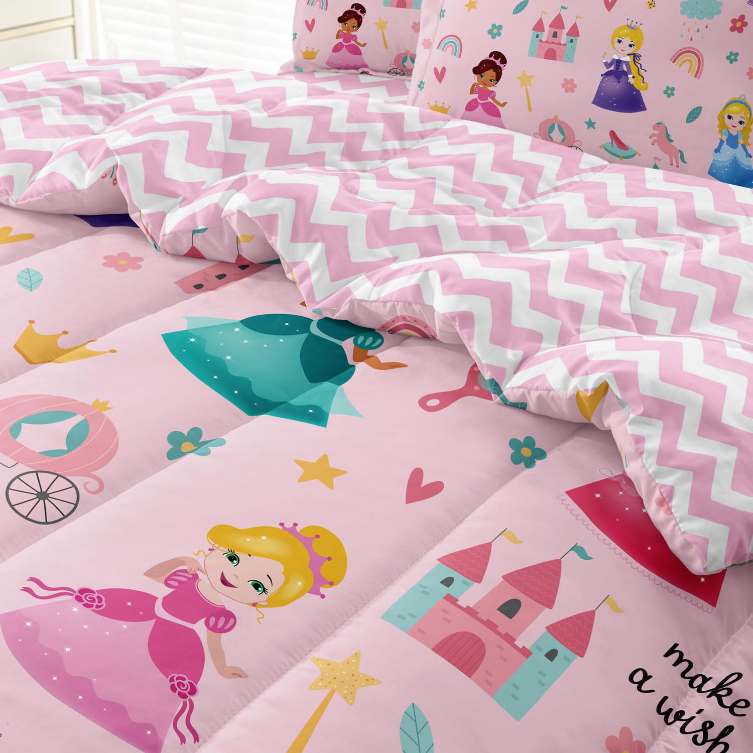 SIRDO Kids Magical Princess Comforter Set Bed in a Bag Twin Size- 5 Piece Soft Cute Castle Bedding Set for Girls (1 Comforter, 1 Flat Sheet, 1 Fitted Sheet, 2 Pillowcases), Pink