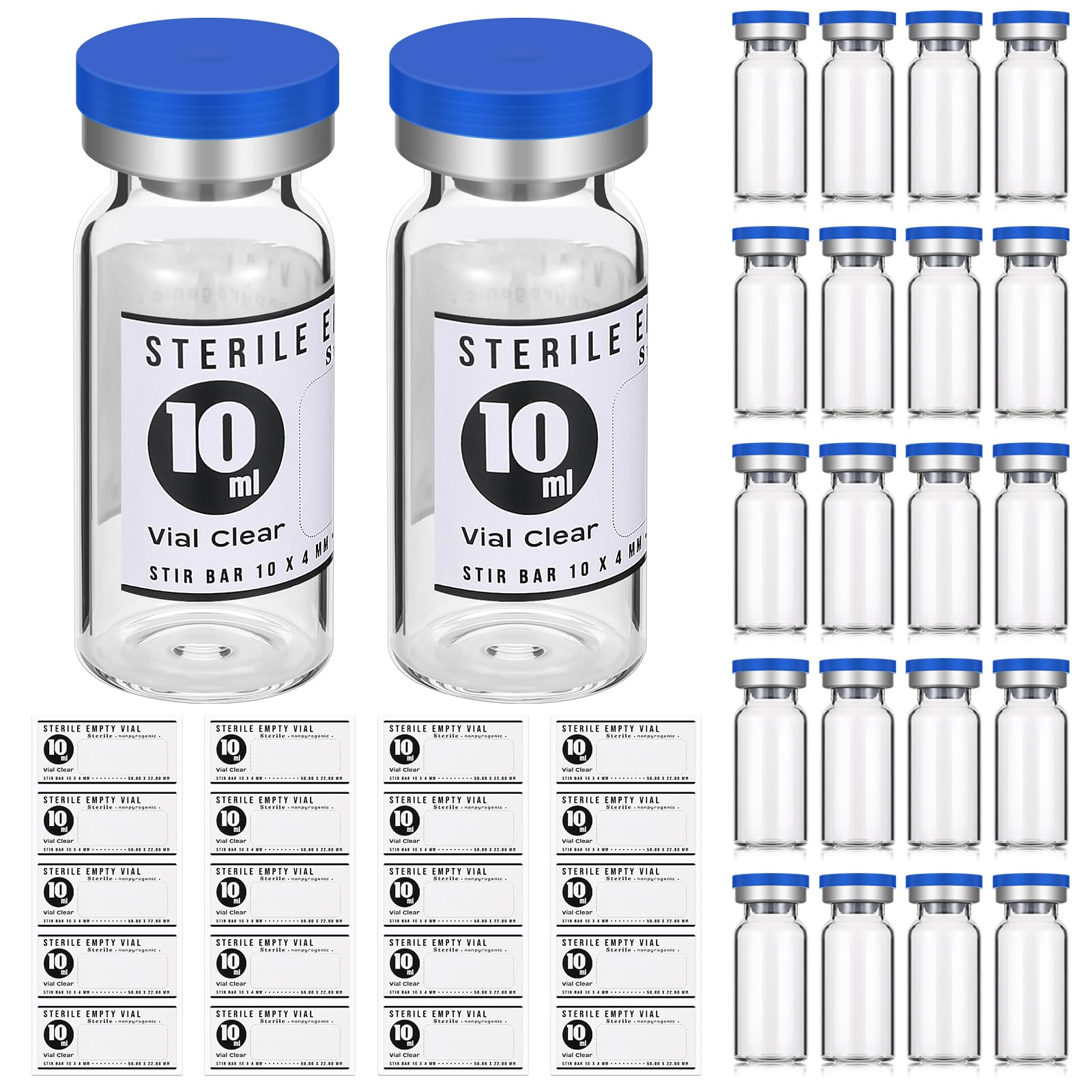 Threlaco 20 Pcs 10ml Sealed Sterile Empty Vials with Self Healing Injection Port Glass Penicillin Bottle with 20 Label Stickers