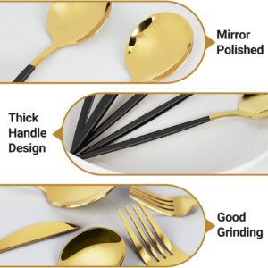 30-Piece Black and Gold Silverware Sets, Stainless Steel Kitchen Utensil Set Service for 6, Including Knife, Fork, Spoon, Mirror Polished, Utensil Sets for Kitchen, Home