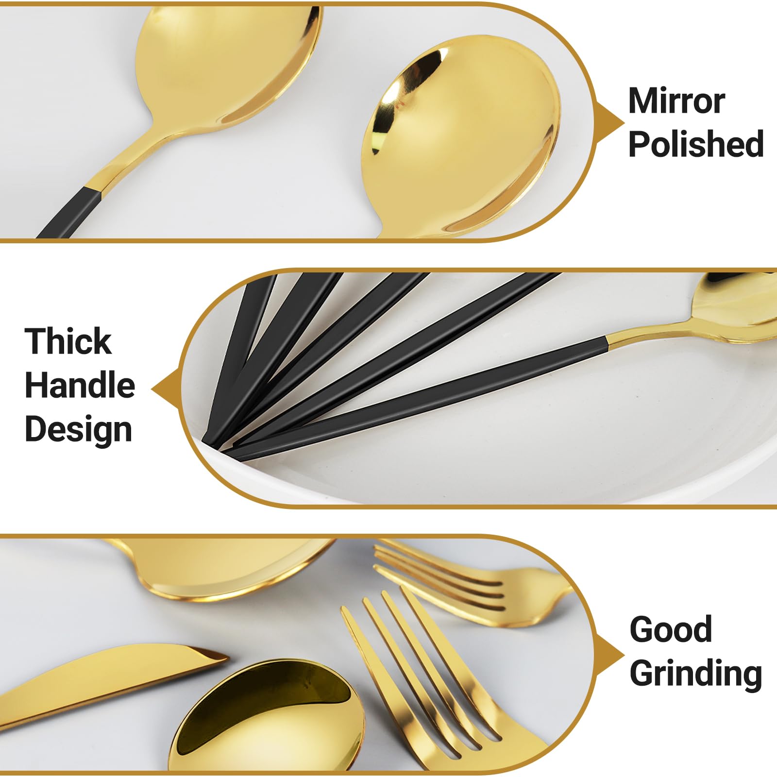 30-Piece Black and Gold Silverware Sets, Stainless Steel Kitchen Utensil Set Service for 6, Including Knife, Fork, Spoon, Mirror Polished, Utensil Sets for Kitchen, Home