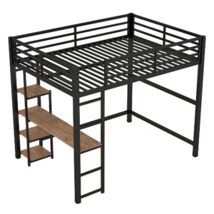 Bellemave Full Size Loft Bed with Desk,Metal Loft Bed with Storage Shelves,Heavy Duty Metal Loft Bed for Kids Teens Adults,Black