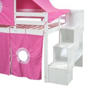 Harper & Bright Designs House Twin Loft Bed with Slide,Storage Stairs and Tent, Wood Kids Loft Bunk Bed with Tower and Ladders, Playhouse Twin Bed Frame for Kids, Teens, Boys & Girls (Twin, Pink)