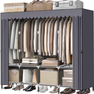 LOKEME Wardrobe Closet，Grey Portable Closet with Zippers， 65.4Inches 19mm Diameter，Portable Closets for Hanging Clothes，with 4 booms and Storage cabinets，Spacious Large -Capacity Storage Space